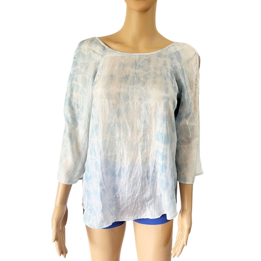 NWT Raven & Lily Baby Blue 100% Eco Dyed Silk Split Sleeve Sheer Blouse Sz Small